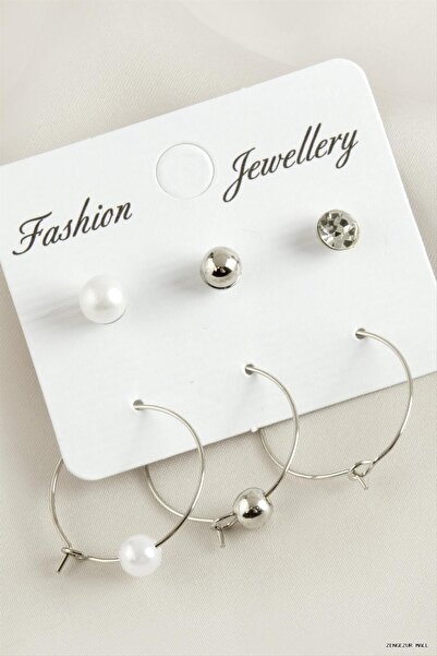 ZERO LAND Zngzrmll 6Pcs Pearl Hoop Cz Earrings 2.5cm (33826) Silver Color