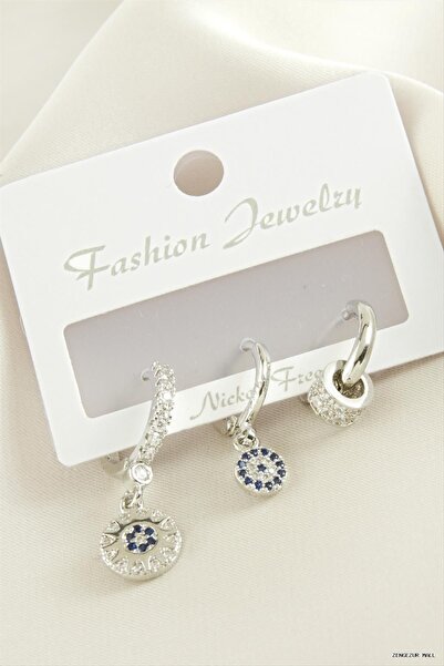 ZERO LAND Zngzrmll 3Pcs Evil Eye Zircon Stone Earrings (31447) Silver Color