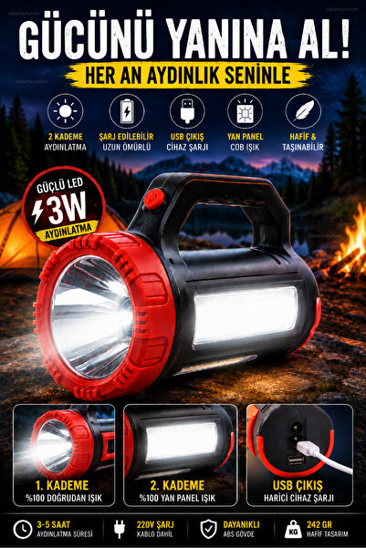 nelerbulurum Şarjlı El Feneri 3 Watt LED Kamp Lambası COB Yan Işıklı USB Çıkı...