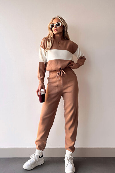 ÇEÇİM High Collar Stripe Blocky Tight Knit Top and Bottom Knitwear Tracksuit Set
