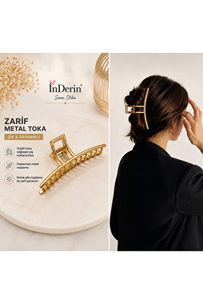 İnDerin Gold Metal Latch Buckle Large Size Curved Strong Grip Hair Clip