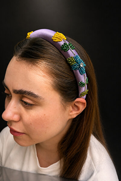 ByMerve Women's Lilac Beaded Flower Embroidered Handmade Wide Hair Crown Even...