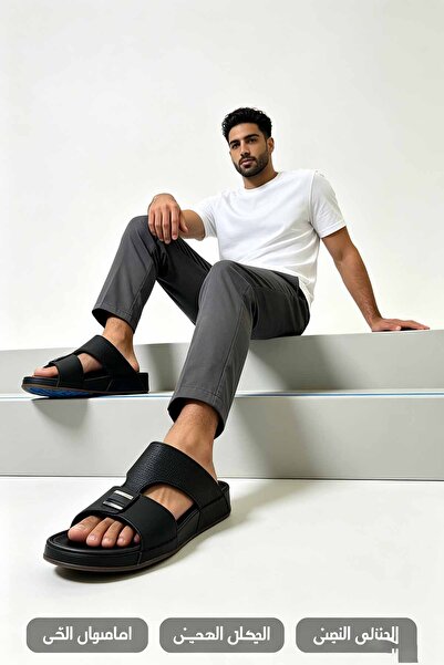 Al Masheel Store Men’s Urban Black Slide Sandals, Adjustable Buckle Casual Co...