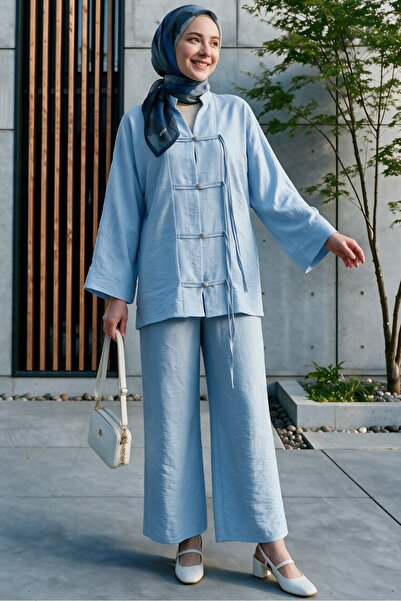 Modamorfo Loose Ayrobin Suit with Stone Buttons on the Front and Wide Sleeves...