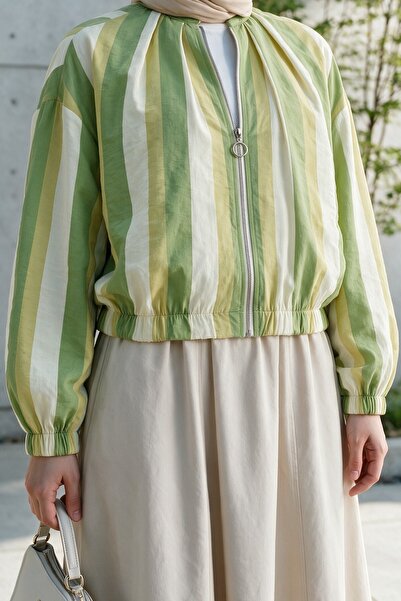 Modamorfo Patterned Summer Jacket with Elastic Sleeves and Waist, Pockets and...