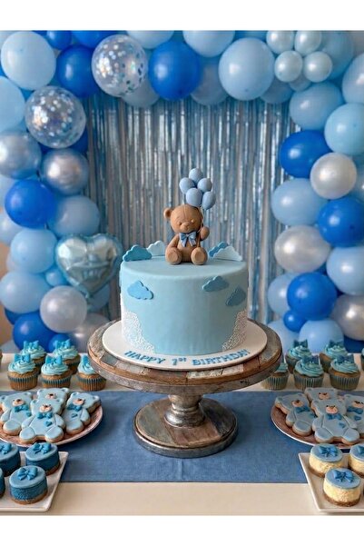 SELTA3D Mavi Balonlu Ayıcık Pasta Süsü Figürü - Baby Shower, Cinsiyet Partisi...