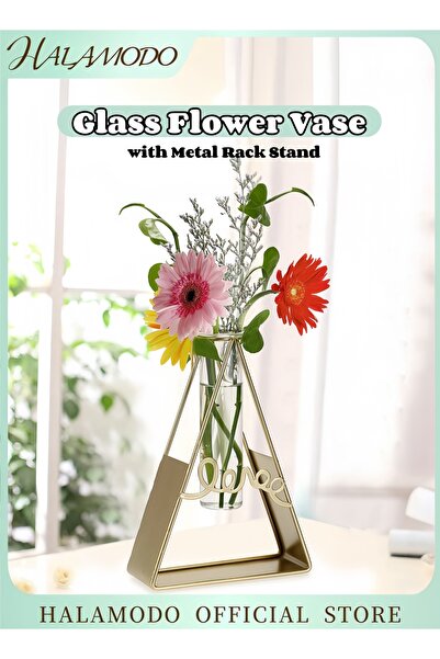 HALAMODO Glass Flower Vase With Metal Rack Stand Gold/Clear 20x15.5x6cm