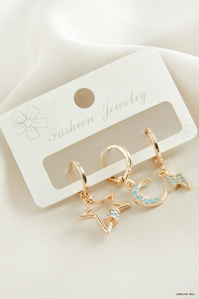 ZERO LAND Zngzrmll 3 Pieces Crescent Star Zircon Stone (60305) Earrings Yellow