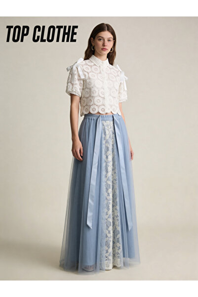 Generic Brand Lace Blouse and Long Tulle Skirt Set – White and Light Blue