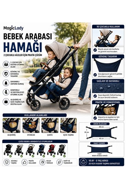 Magiclady Laciver Bebek Arabası Hamağı Ayarlanabilir Askılı 2. Çocuk Oturma v...