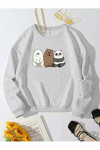 Trend Sizde Unisex Triple Cute Teddy Bear Printed Crew Neck Sweatshirt
