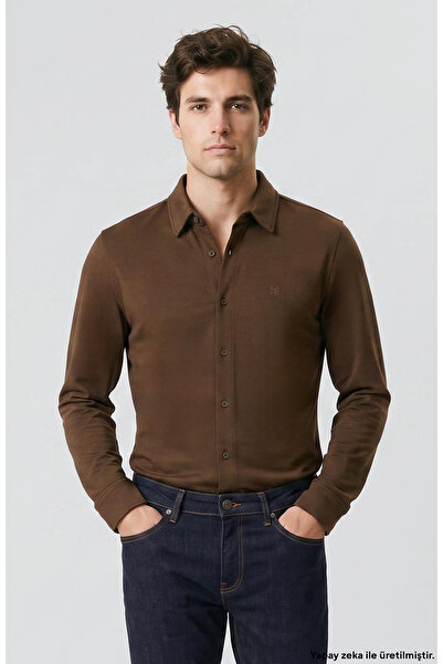 Network Haki Slim Fit Örme Gömlek