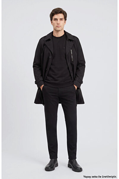 Network Slim Fit Siyah Mono Kapamalı Kuşaklı Pardösü