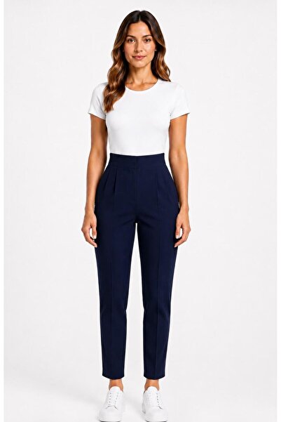 AXXEL Women's Navy Blue High Waist Pleated Carrot Leg Trousers-P197
