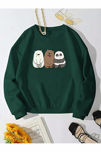 Trend Sizde Unisex Triple Cute Teddy Bear Printed Crew Neck Sweatshirt