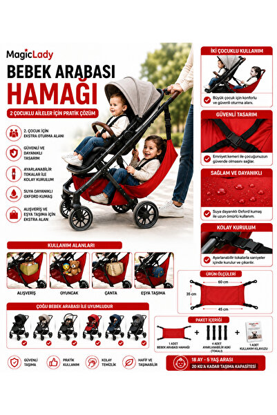 Magiclady kırmızı Bebek Arabası Hamağı 2. Çocuk Oturma ve Eşya Taşıma Aparatı...