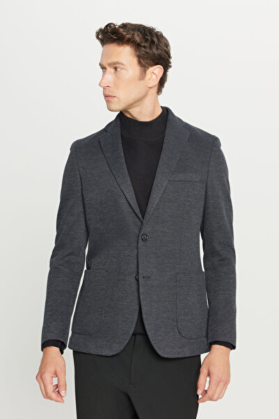 ALTINYILDIZ CLASSICS Men's Anthracite Cotton Slim Fit Mono Collar Patterned B...