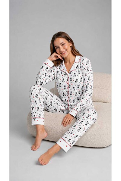 Sude HOMEWEAR BERLİN RAPORLU MİCKEY MOUSE DESENLİ GÖMLEK PİJAMA TAKIMI