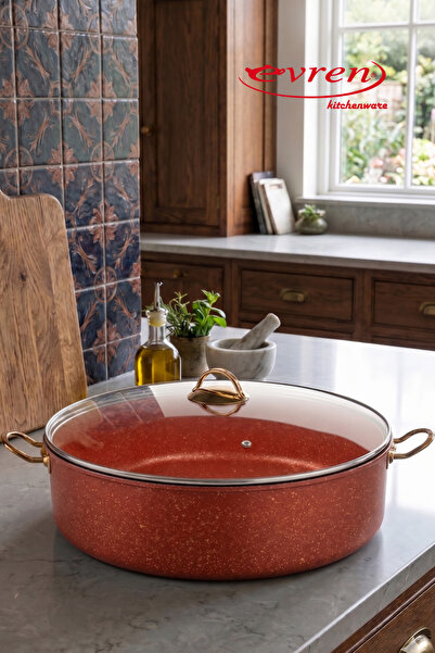 EVREN MUTFAK 36 Cm Kırmızı(Red) Maksi Basık Granit Tencere, Non-stick Pilav K...