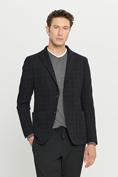 ALTINYILDIZ CLASSICS Men's Black Wool Slim Fit Mono Collar Plaid Patterned Bl...