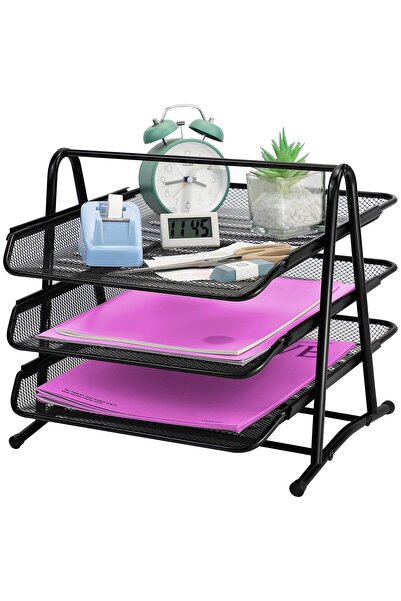Toybox 3 Tier Metal Mesh Letter Tray Desk Organiser File Holder, Black