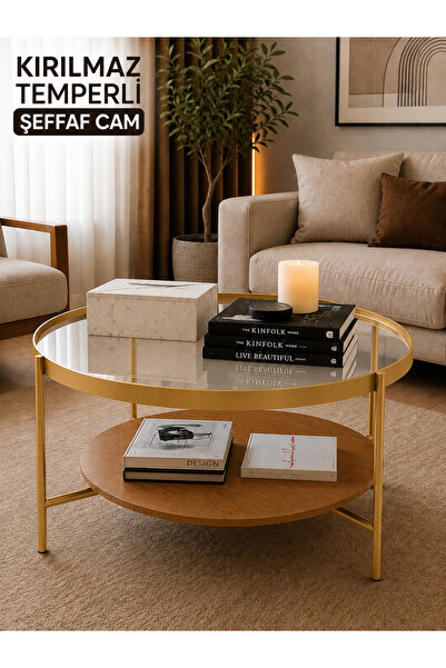 EVDERA MOBİLYA OSLO ORTA SEHPA ŞEFFAF TEMPERLİ CAM GOLD METAL AYAK