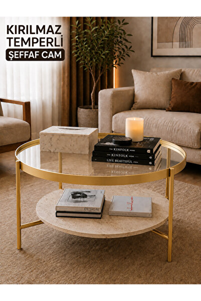 EVDERA MOBİLYA OSLO ORTA SEHPA ŞEFFAF TEMPERLİ CAM GOLD METAL AYAK