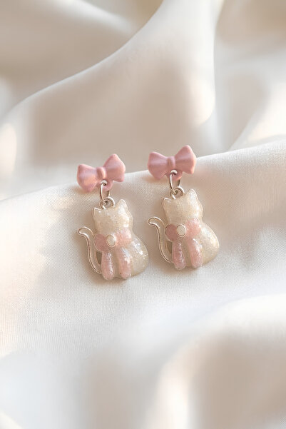 Elifsu Jewelry Cute Pink Bowknot Glittery Cat Figured Dangle Earrings Coquett...
