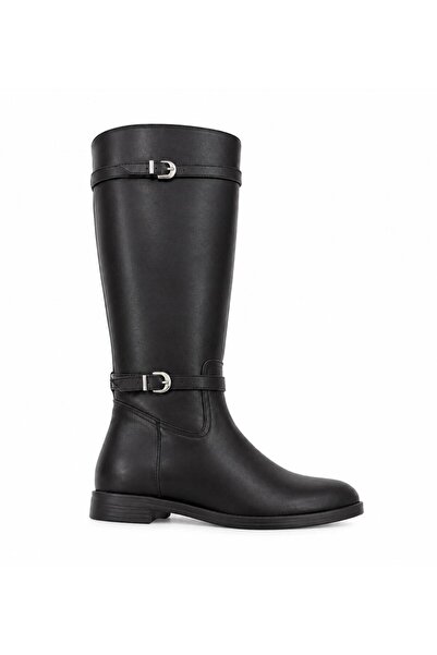 LOJO Women's Double Buckle Detailed Zippered Flat Sole Boots Nora Black