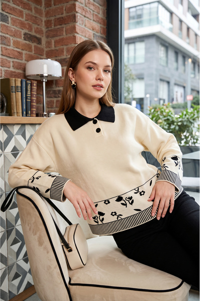 SAYZEN YOUR SHİNE Floral Patterned Shirt Collar Regular Fit Women's Knitwear ...