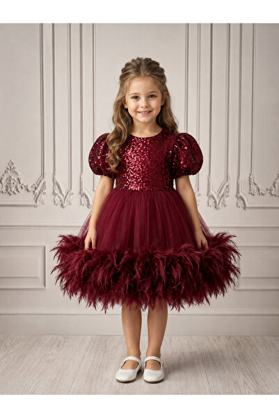 İlknur Karaca Design Burgundy Sequined Top with Sequins on the Bottom, Girl's...