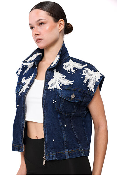 RENGARENG Women's Designer Denim Vest with Pech Lace Embroidery Detail, Blue ...