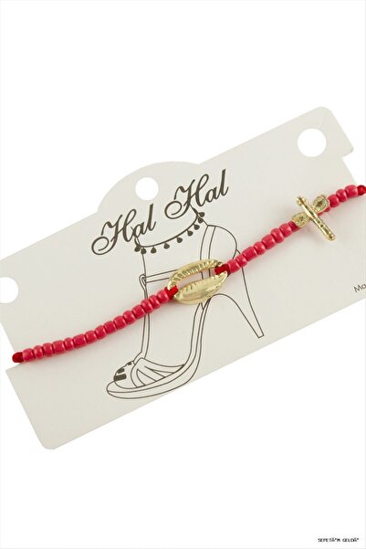 ZERO LAND Spt-Gld Yellow Colored Sea Shell Beads (141501) Anklet Red