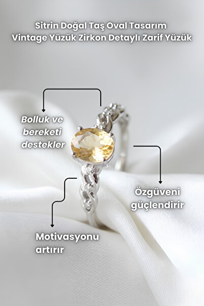 Elifsu Jewelry Citrine Natural Stone Oval Design Vintage Ring with Zircon Det...