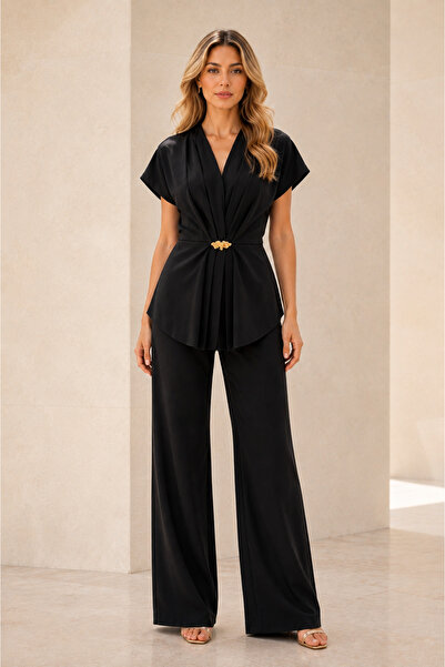 1434 Polo State Women's Gold Brooch Double-Breasted Pleated Wide-Leg Pants Se...