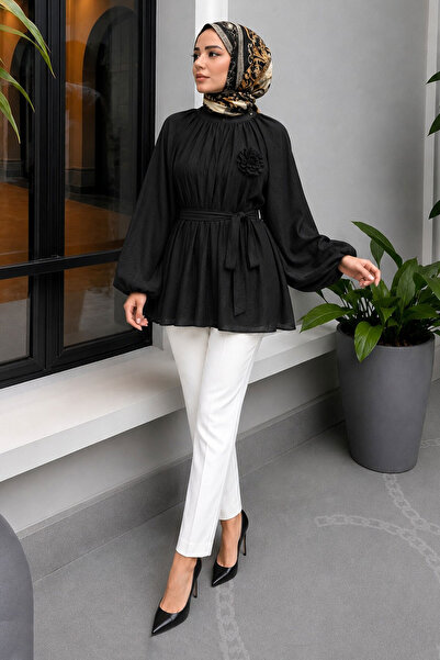 Tesettür Dünyası Floral Detailed Balloon Sleeve Tunic Tsd260264 Black