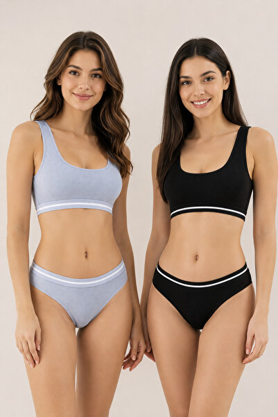 Nymora Women's Padded Cotton Camisole Bustier Panties Set 2-Piece Black-Blue