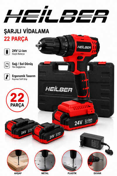 HEİLBER BA011525 24V Şarjlı Vidalama Matkap Seti 22 Parça 2 Akü Li-ion Çantal...