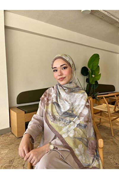 Rise Scarf Açelya Desen Pamuk Kraş Şal Kahve/Adaçayı