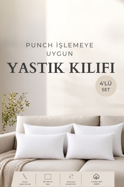 Kamcey Home 4'lü Punch İşlemeye Uygun Beyaz Duck Keten Yastık Kılıfı