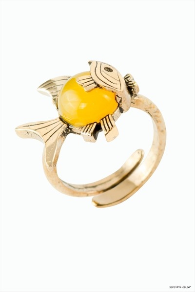 ZERO LAND Spt-Gld Fish Natural Stone Authentic Ring (110247) Yellow Agate