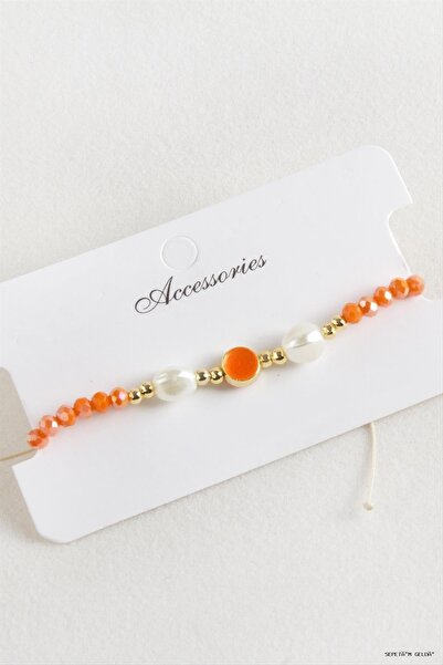 ZERO LAND Spt-Gld Enamel Pearl Crystal Macrame Cord (111007) Bracelet Orange