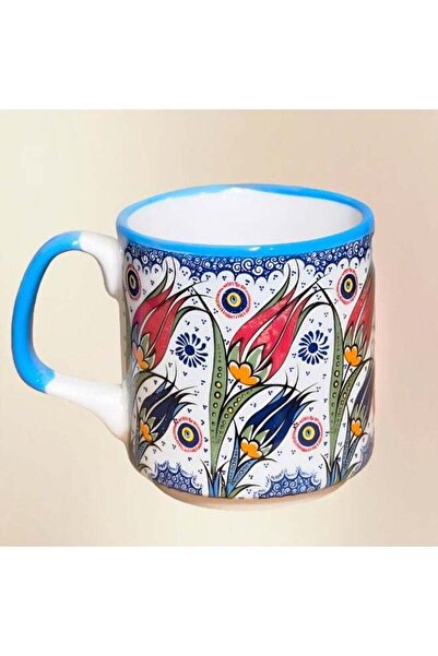 Generic Brand Ceramic Coffee Tea Mug with Floral Design, Blue Rim & Handle