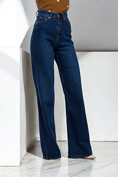 byhaziran butik Women's Kou Blue Wide Leg Denim High Waist Denim Pants Jeans