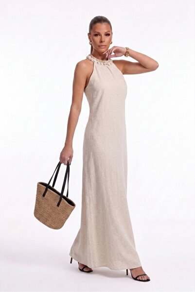 TLG TLG GİYİM Γυναικείο μπεζ φόρεμα με λαιμόκοψη halter, με λεπτομέρειες από ...