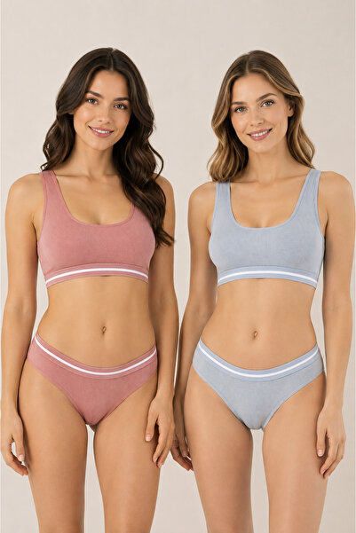 Nymora Women's Padded Cotton Camisole Bustier Panties Set 2-Piece Blue-Dry Rose