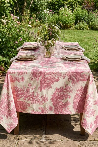 RUBİ PORSELEN Toile De Jouy Patterned Pink Soft Textured Raw Linen Tablecloth...