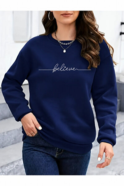 Trend Sizde Unisex Believe Text Printed Crew Neck Sweatshirt