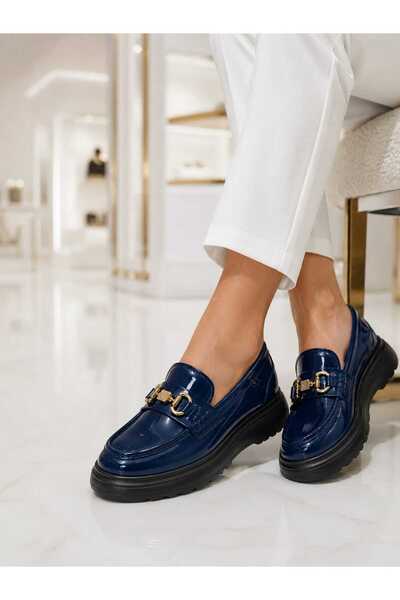 Oneka Shoes Kadın Günlük Loafer Lacivert rugan taş tokalı 240826KLLR1104