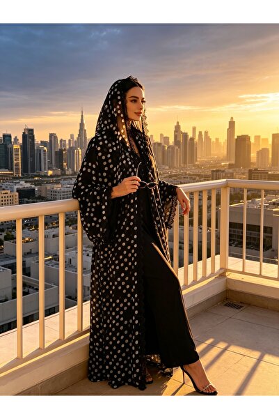 Noon Noora طقم عباءة - عباءة مزينة بنقاط البولكا دوت وتطريز الدانتيل مع غطاء رأس